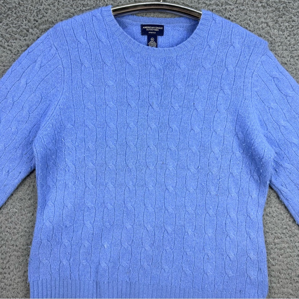 Vtg American Eagle Outfitters‎ Cable Knit Sweater Blue Crew Neck Lambswool Blend